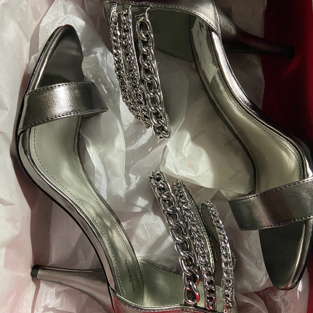 Silver Leather Heels with Chain Ankle Detailing